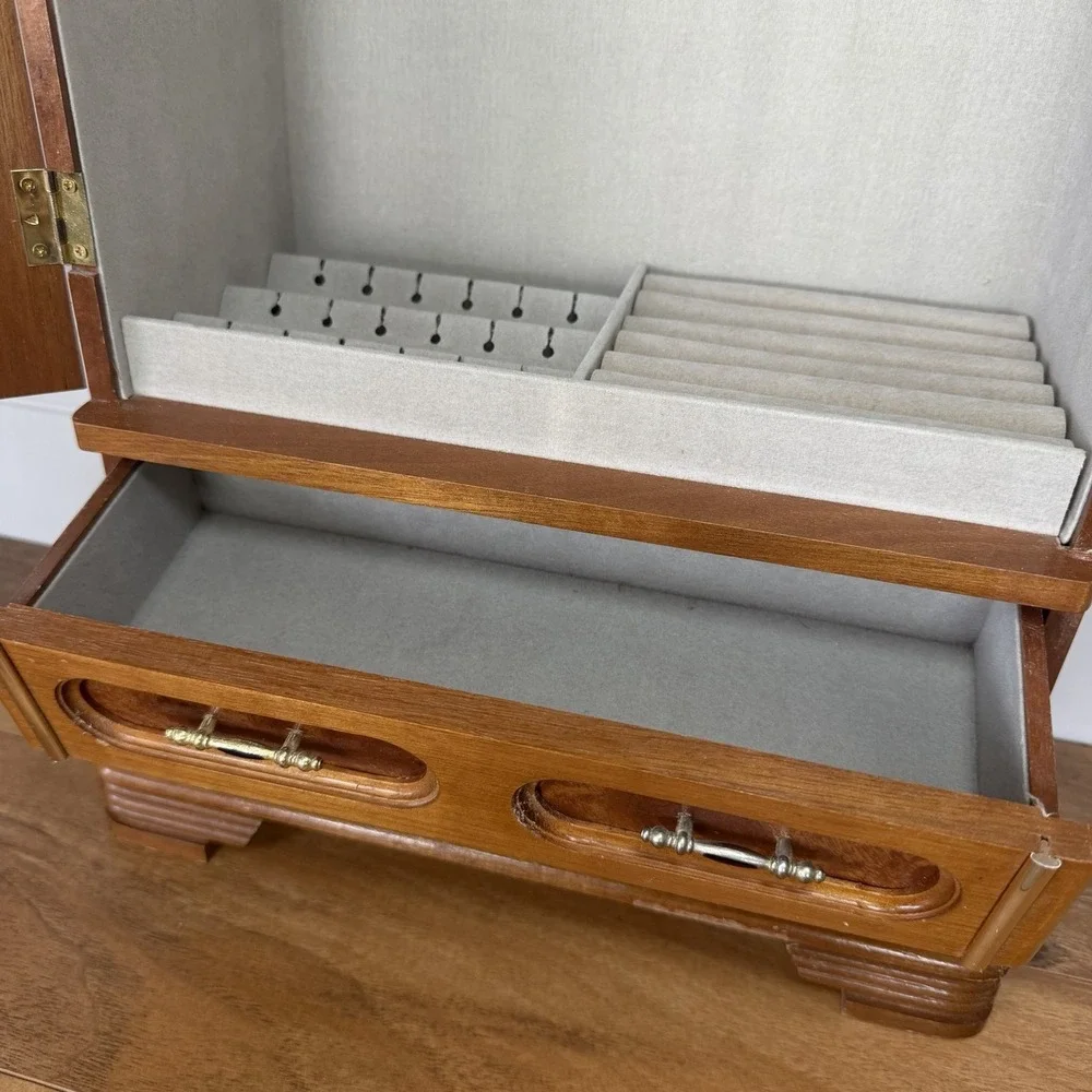 VTG Wood 2 Door Jewelry Box Armoire Cabinet w Mirror Drawers Organizer 18